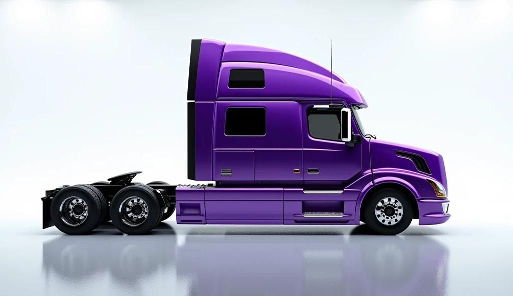 Right View: "From the right side, the (2025 Volvo VNL 860 ) truck’s aerodynamic curves and bold purple hue are accentuated under the sleek lighting of the luxurious white showroom. The truck’s streamlined design is highlighted, with the right side panels r...