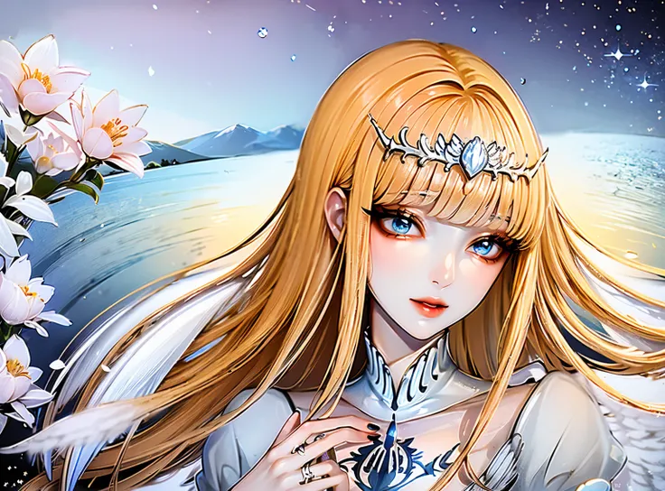 1girl, flower, solo, looking at viewer, jewelry, long hair, light blue eyes, bangs, blonde hair, parted lips, upper body, petals, (extremely long hair:1.3), (enormous white wings:1.3), (very big wings:1.2),, nail polish, makeup, eyelashes, water, beautiful...