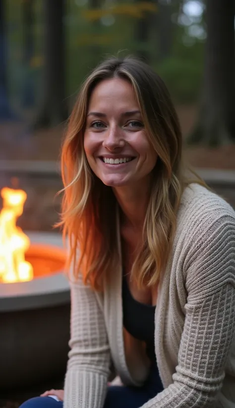 A 36-year-old woman sitting by a fire pit, wearing a knitted cardigan.