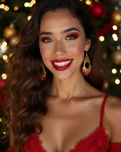   Close-up Portrait of a beautiful 20 year old woman, ,, bright smile,   Cleavage ,  red lipstick ,  she has Christmas makeup  ,  cinematic,  high contrast, brown eyes french model appearance