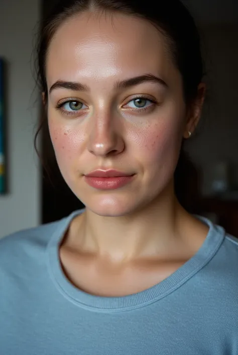 
Woman, light blue sweater, beautiful face, detailed skin, many freckles on face, dark spots, pigments on face