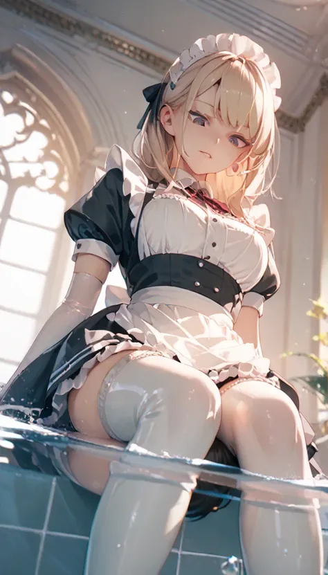 Anime Women,  maid outfit , thigh boots, elbow gloves, straddling on face, Push your head under the bath water, From below, looking down, Point of View Shot