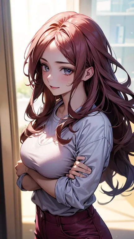 a cool anime 18 years old girl in pink sport shirt, pink pants, cute smile, long wavy hair, beautiful detailed face, adorable girl, 3:4 body looks, perfect body ratio, front view, look at the camera, perfect background, (best quality,4k,8k,highres,masterpi...