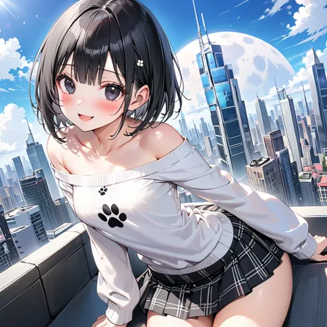 anime、1 high school girl、(black eyes:1.5),(smile)、 open her mouth 、(blush:1.5),((black short hair :1.5))、(very long sidelocks:1.5),( small breasts:1.5), (long sleeve off shoulder paw print sweater),(black plaid mini skirt:1.5),( beautiful thighs :1.5)、Grab...