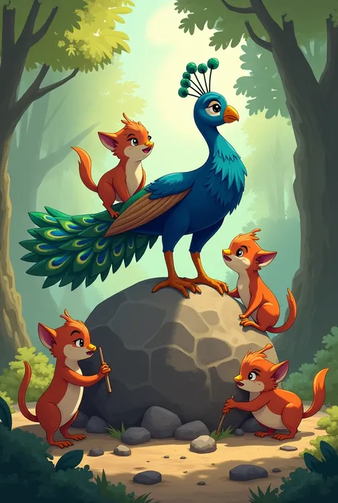 Teamwork to Remove the Boulder**  
- Bramble digs around the boulder with determination.  
- Pebble uses sticks as a lever, sweat dripping as he pushes.  
- peacock Radiance stands tall, shading the animals with his feathers. The sunlight creates a vibrant...