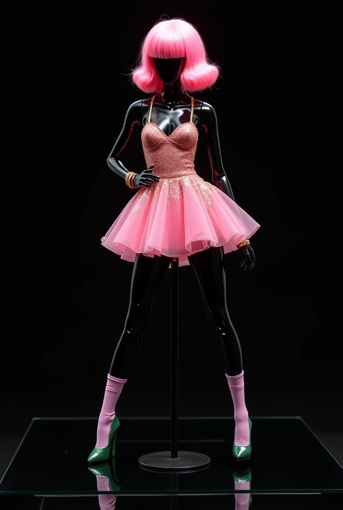  On the black glass floor with a black background and black mannequin.  Make a short dress with glowing glitter.  Make the black mannequin with a beautiful dazzling pose .  Make a pink wig made of sturdy plastic without wires .  Wig made of molten plastic ...