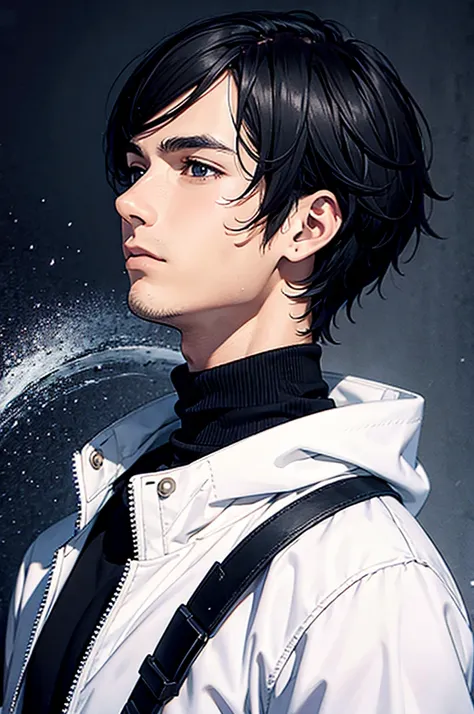 Best quality, masterpiece, ultra high res, ((extremely detailed handsome boy, handsome face)), short hairstyle, black hair, (iconic dark ink splash background), ((extremely detailed black lined turtleneck sweatshirt)), (extremely detailed white long jacket...