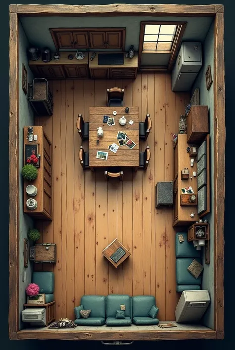 An role-playing map of a small, cluttered house with a main room with some chairs and table, the kitchen with a refrigerator, a small bathroom, and two bedrooms. 