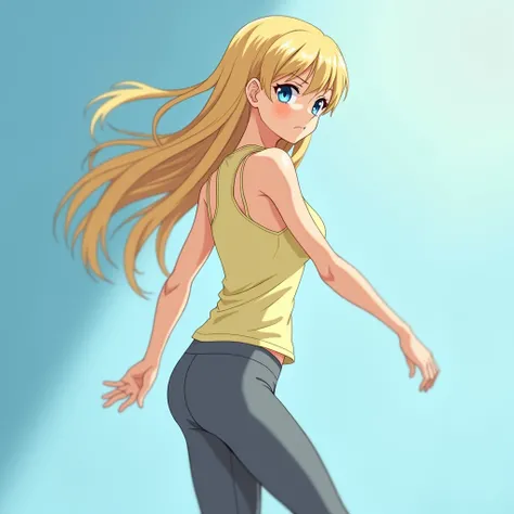 anime girl, long blonde hair, blue eyes, light yellow tank top, grey yoga pants, standing, abstract blue background, tank top tucked-in to pants, from behind, walking, motion blur of swaying hips, exaggerated hip swaying Motion blur 