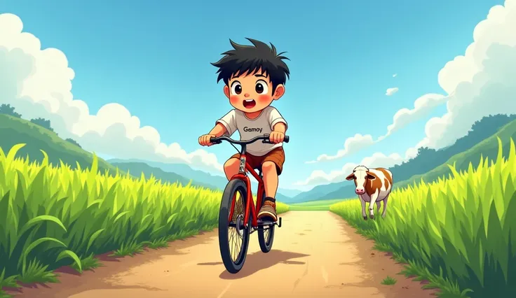 Ghani is a  boy.
, a little fat, fair skin like Asians, but still looks energetic and healthy.
Short black hair, a little messy but neat, Wearing a white shirt with the words GHANI on the chest and a magical red bicycle with the words GEMOY on it. Ghani pe...