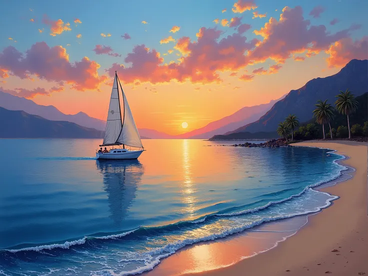  Painting made with a spatula , FIRST WORK, a sailboat in the calm sea ,  at dusk ,  beautiful colors at sunset overlooking the beach with a strip of sand,  mountains in the background , with trees on the edge of the beach.