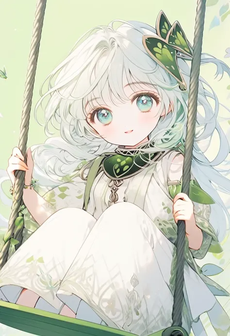 Young girl Nahida  (Genshin Impact)  long, pale light blue hair and green eyes .  Shes wearing a white dress with a green belt.  shes sitting on a swing.  the girl smiles and looks happy .  camera angle from below ,  the girl is in the center of the frame ...