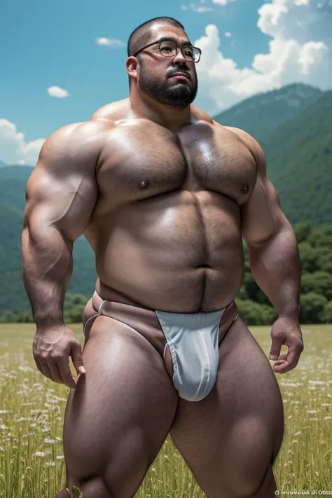 A chubby musclebear man, Japanese, (7 daddy:1.1), 1 man, Solo, (wearing a white japanese fundoshi), (big shoulders), musculature, strong physique, hairy, chubby and stout, stubbles, (Detailed body), realistic eyes, glasses, deadpan, looking at viewer, dead...