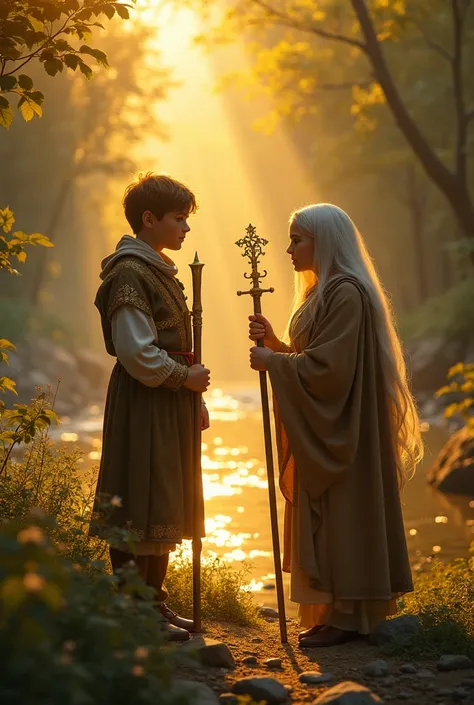 Two golden ren, BOTH BOYS , a boy with a glowing staff and a BOY with a shining spindle, standing beside a kind old woman near a mystical riverbank, surrounded by soft golden light. the characters must be romanain europeans 