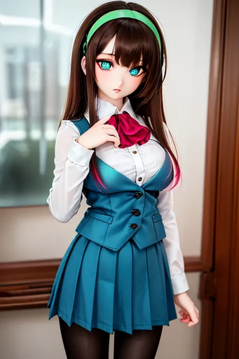 (SFW:2), photorealistic, realistic photo, 8k, ((highest quality)), ((masterpiece)), (extremely detailed), dd, doll, (mature woman, 21yo, 21 years old, solo:1.6), ((cowboy shot, dynamic pose, hairband, ascot, vest, dress shirt, long puff sleeves, pleated sk...