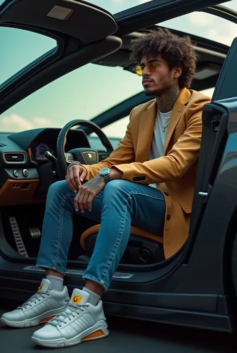 Greek Philosopher in gen z outfit in lambo 
