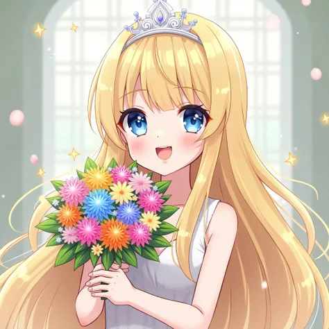 , soft smile, open mouth,  holding bouquet, colorful flowers, random flowers, light particles, sparkling eyes, portrait, looking at viewer, from front, , 1girl,solo, calca, blonde hair, ,( extremely long hair:1.2), very long hair, extra long hair, white ti...