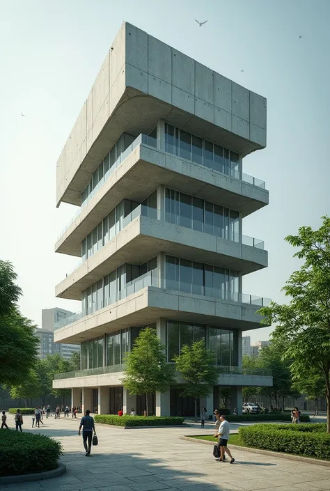 A 5 storey financial Building. In brutalist architecture. Integrate trees and human

Make the lot make more large like it has 2000 sq.m and the building floor plan look like a gun shape but box