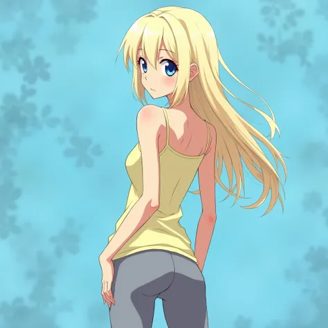 anime girl, long blonde hair, blue eyes, light yellow tank top, grey yoga pants, standing, abstract blue background, tank top tucked-in to pants, from behind, walking, hips swaying to the left, looking back over shoulder, confused expression 