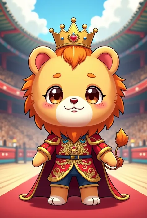 Chibi cartoon
Lion doll
Wear a king suit
There is a royal crown
In the arena
Japanese Anime Picture Style