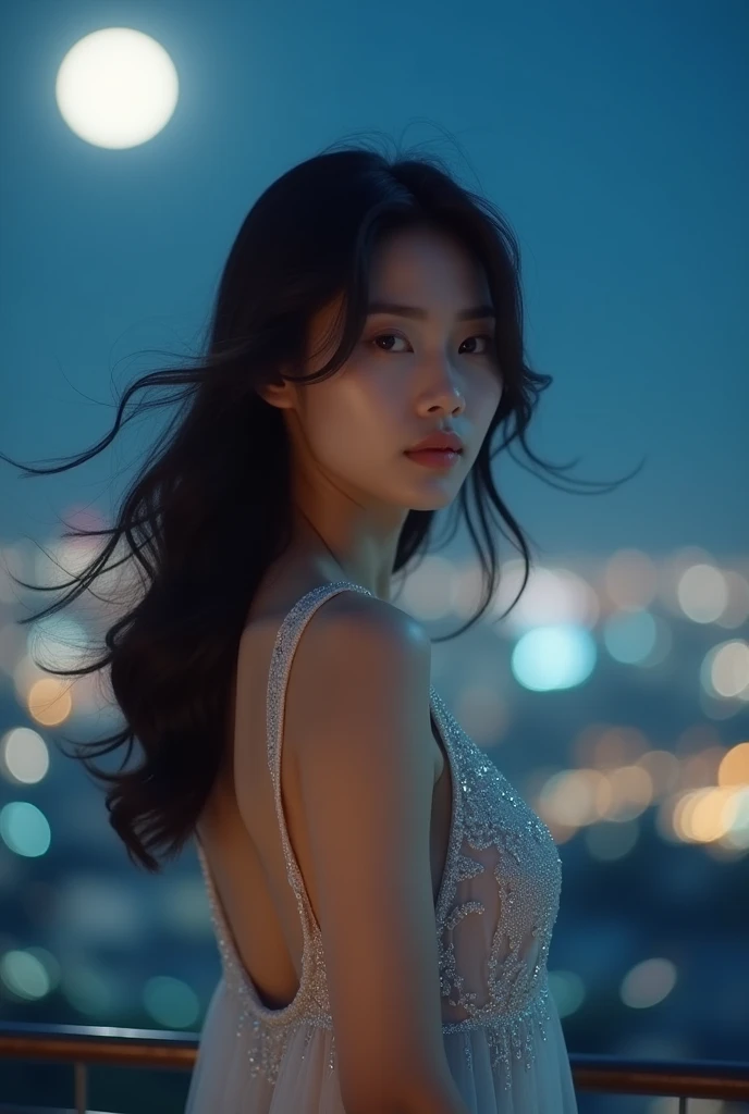 Prompt : A beautiful Asian woman standing on a moonlit terrace, wearing a sheer silver nightdress that sparkles subtly under the light. The cityscape in the background glows with soft, twinkling lights, her hair gently tousled by the wind, creating an ethe...