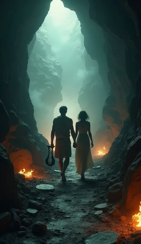 A dark, winding path through the Underworld, lined with jagged rocks and glowing embers. Orpheus walks ahead, holding his lyre, with his back to Eurydice. She follows him, her expression sad and hopeful. The environment is misty, with a faint ethereal ligh...