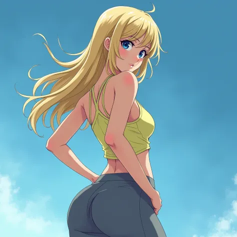 anime girl, long free blonde hair, blue eyes, light yellow tank top, tight grey yoga pants, standing, abstract blue background, tank top tucked-in to pants, from behind, walking, hips swaying to the left, looking back over shoulder, confused expression, th...