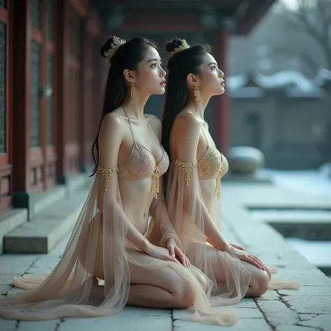 2 small-breasted girl, flat chest, 2 young caucasian look, Chinese royal concubine. young under age. transparent. see through. topless. multiple girls and friends. outdoor royal palace. big pillows scatter everywhere. elegant pose. eyes looking to the side...