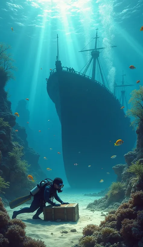 "An underwater scene in a vast ocean, where a scuba diver is carefully opening a treasure box on the sandy ocean floor. Surrounding the diver are a variety of colorful fish swimming in all directions, creating a vibrant and lively atmosphere. In the backgr...