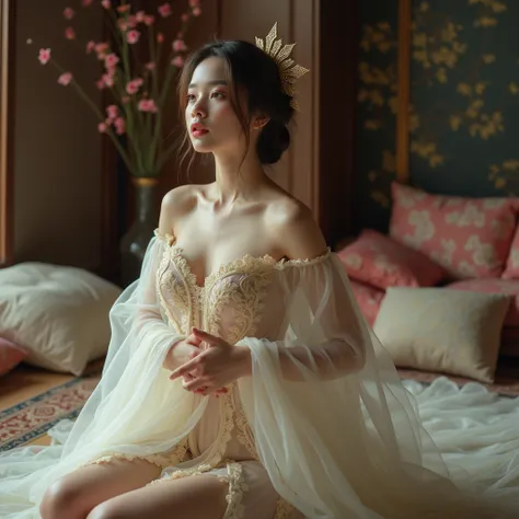 2 small-breasted girl, flat chest, 2 young caucasian look, Chinese royal concubine. young under age. transparent. see through. topless. multiple girls and friends. indoor royal palace. big pillows scatter everywhere. elegant pose. eyes looking to the side....