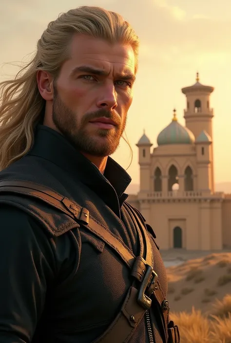 Create the image of a man with Nordic features , thesis Clara,  light blond hair very long to the butt and hazel eyes and in the background an Arab castle