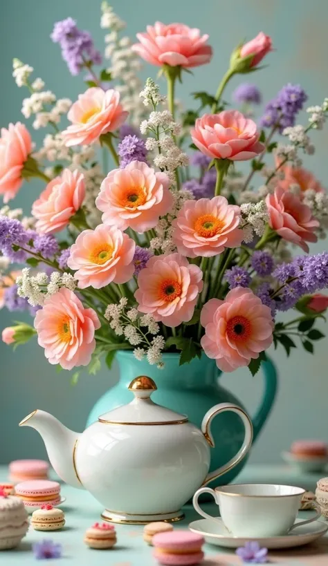 Create a vibrant still life featuring a teapot filled with an abundant bouquet of colorful flowers, including pink, lavender, and orange blooms, displayed in a turquoise vase. Place delicate tea cups and pastel macarons around the base, set against a soft ...