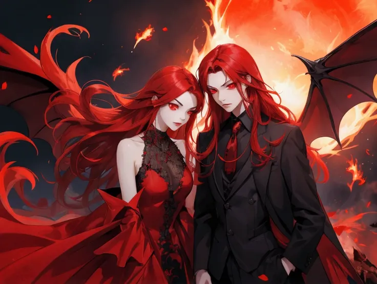 2 boy with long red hair, red eyes, with vampire wings, angry face, casual dress, holding fire ball