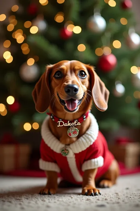 Smiling sausage dog  , dressed for Christmas under a Christmas tree with a beautiful necklace that says Dakota