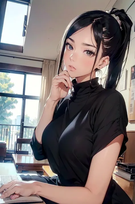 Best quality, masterpiece, ultra high res, (beautiful anime woman, beautiful black eyes, beautiful face, pretty, studying peacefully, wearing headphones, reading book,), black ponytail hairstyle, (visually satisfying background), (aesthetic modern outfit),...