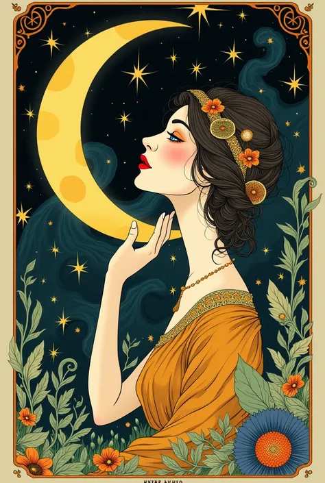 tarot card, The Moon, Art Nouveau, high saturation