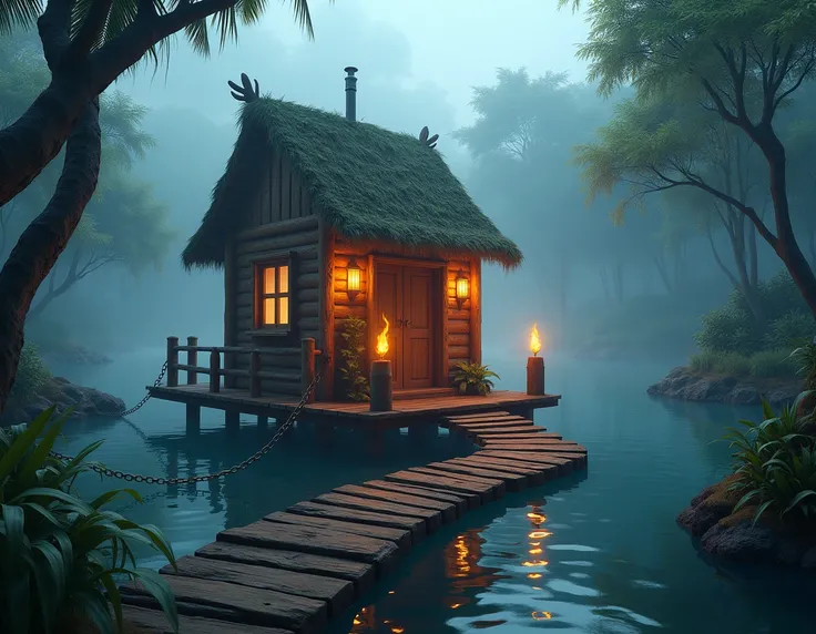  An enchanting cabin floating on a sturdy tree trunk ,  navigating gently in the middle of a tranquil lake surrounded by a vibrant and mysterious jungle.  The setting is shrouded in a hazy atmosphere ,  with a delicate mist covering the surface of water an...