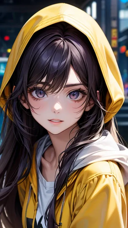 a cool anime 18 years old girl in yellow hoodie, cute smile, long wavy hair, beautiful detailed face, adorable girl, 3:4 body looks, perfect body ratio, front view, look at the camera, perfect background, (best quality,4k,8k,highres,masterpiece:1.2),ultra-...