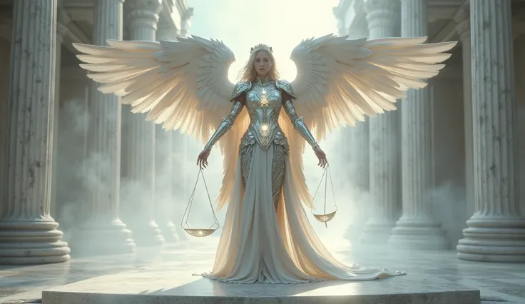  The archangel is among the ruins of a white marble temple ,  wrapped in silvery mists that glow softly .  His silver armor with gold details reflects the heavenly light that crosses the cloudy sky . In your hands, he holds a divine balance ,  whose plates...