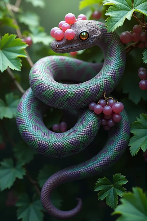 "A fantastical hybrid creature with the body of a sleek, coiled python, its scales shimmering with shades of deep purple, green, and a touch of translucent grape-like texture. The snakes head is adorned with clusters of grapes instead of eyes, and its tail...