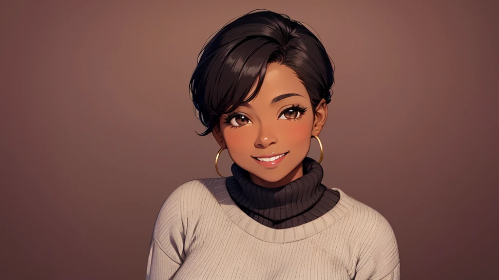 Woman in her forties, solo, African American, short black hair in a chignon cut, brown eyes, dark chocolate skin, wearing a red sweater, curvy body, smiling, blushing, looking at viewer, standing, plain gray background.
