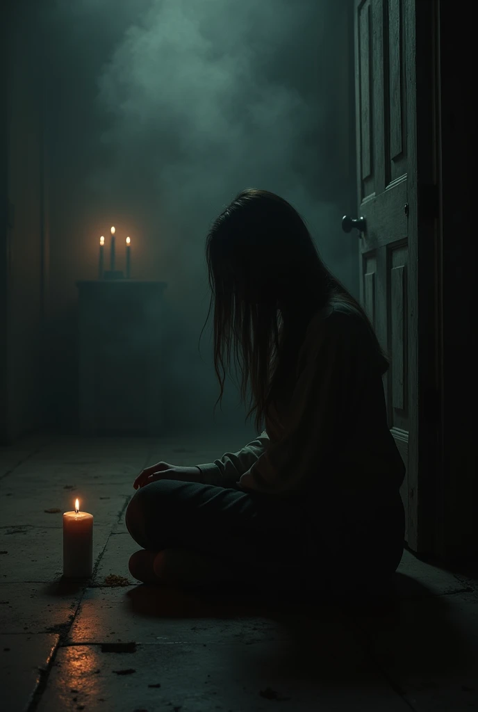 A woman sitting alone in a dimly lit room, candlelight flickering, eerie atmosphere, fear, horror"