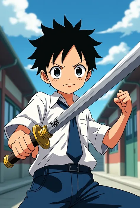  Anime boy with short black hair ,Japanese school clothes with tie ,black eyes, sword of Tralfagar by law of one piece in his hand