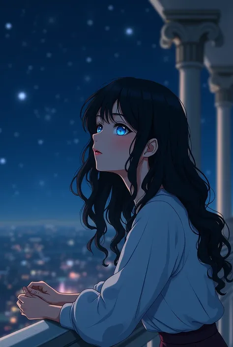 Beautiful girl with wavy black hair , midnight blue eyes with a light blue ring in the center,I would be,Leaning on the balcony with a melancholic expression looking at the sky (My Hero Ac anime style
Ademia 
