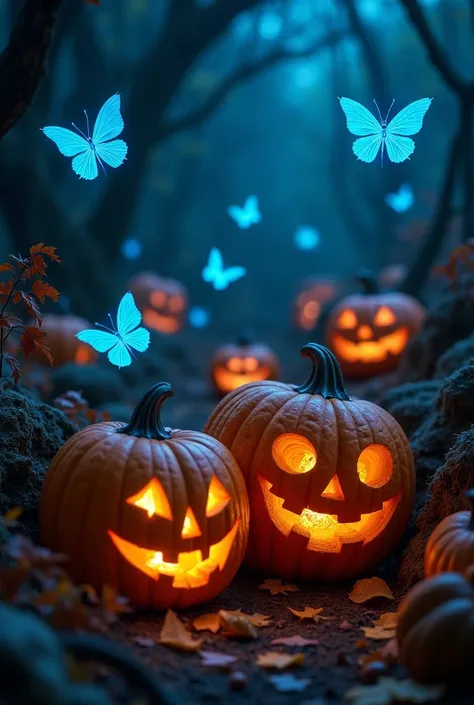 Blue fireflies in carved pumpkins