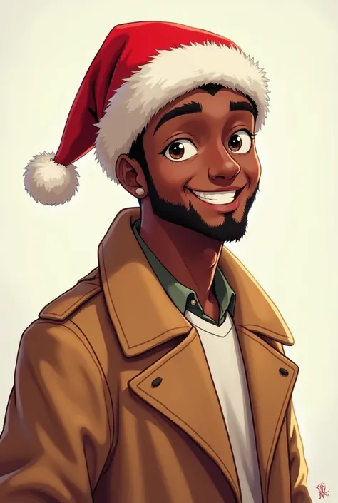 Portrait Of Black Man In Brown Coat In Anime Style With Santa Claus Cap Make Him Less Serious