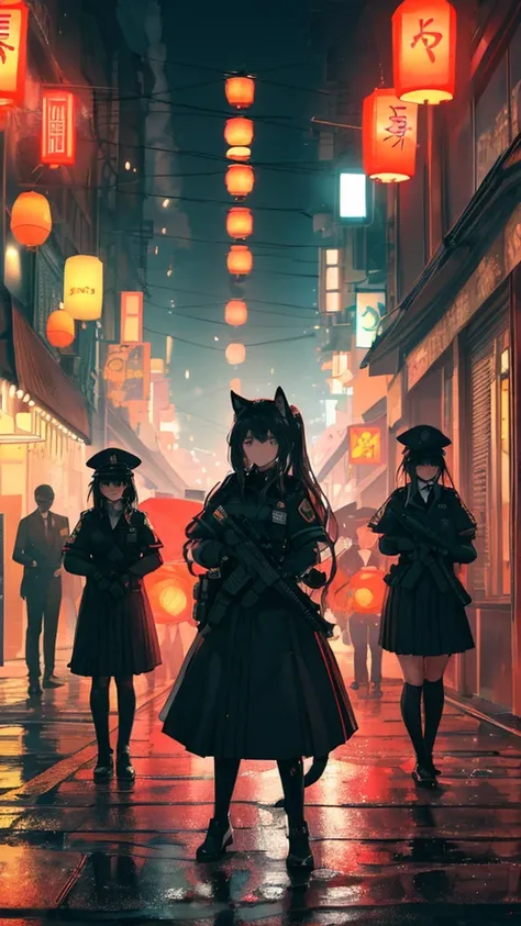 A tense urban night scene in a bustling street filled with glowing neon signs and lanterns. In the foreground, a group of police officers are shown from the bust up, wearing tactical gear including plate carriers and helmets, with one female officer having...