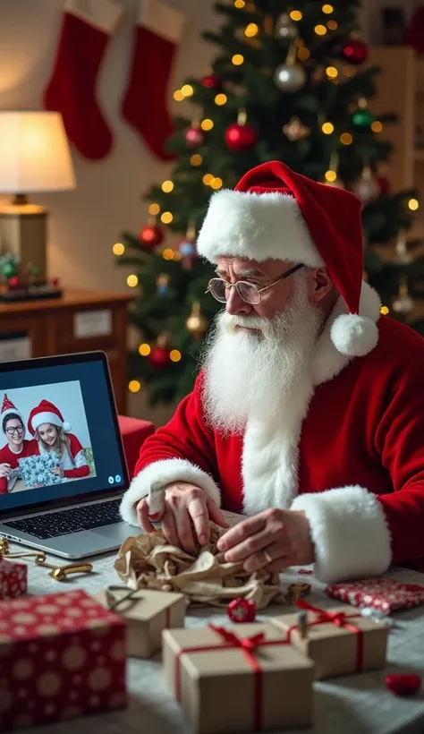 Santa Claus sitting at a messy table with torn wrapping paper, tape stuck to his beard, and poorly wrapped gift boxes. He looks frustrated, with a laptop next to him showing a Zoom call with elves wearing glasses and ironic smiles. The scene is lit by Chri...