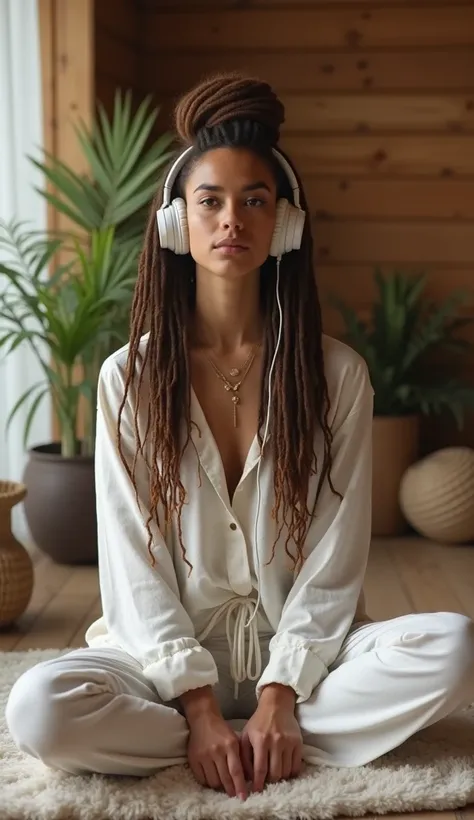 A so beautiful sexy woman sitting on a rug with headphones on, kundalini energy, dreadlocks, white trendy clothes, modern earthy neutral earthy, wearing modern headphone, bang olufsen, young girl, mist filters, she, in a cabin, the warm, manuka, photo of t...