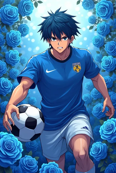 colorful art of the 2D character Michael Kaiser ,  soccer player from the anime Blue Lock with blue roses in the background